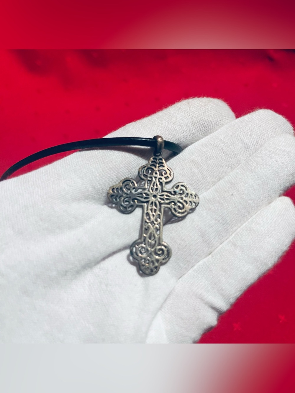 Vintage Silver Filigree Cross Pendant Necklace - Black Cord